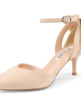 Women's Beige Pumps Kitten Bow Heels Closed Pointed Toe Sandals Ankle Strap